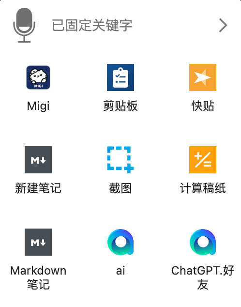 uTools 超级面板界面，顶部为语音输入图标，下方是已固定的常用插件九宫格
