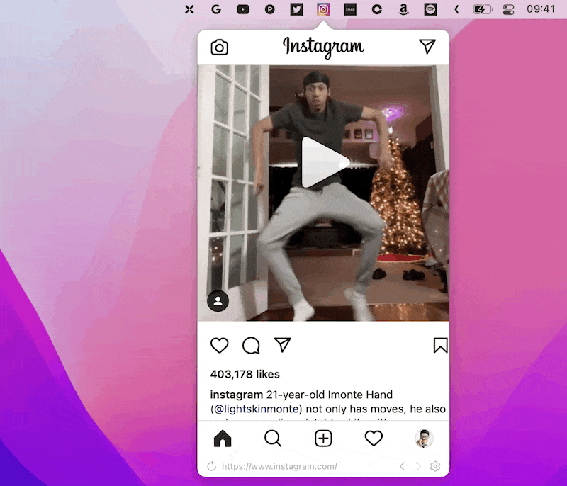 菜单栏点击图标弹出 Instagram 迷你浏览器窗口
