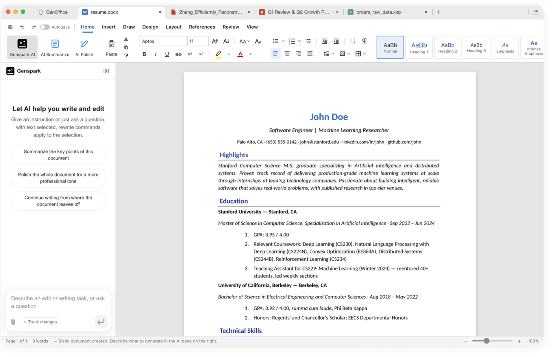 GenOffice Docs 编辑界面:右侧 Genspark AI 面板可一键总结全文、润色语气或续写内容