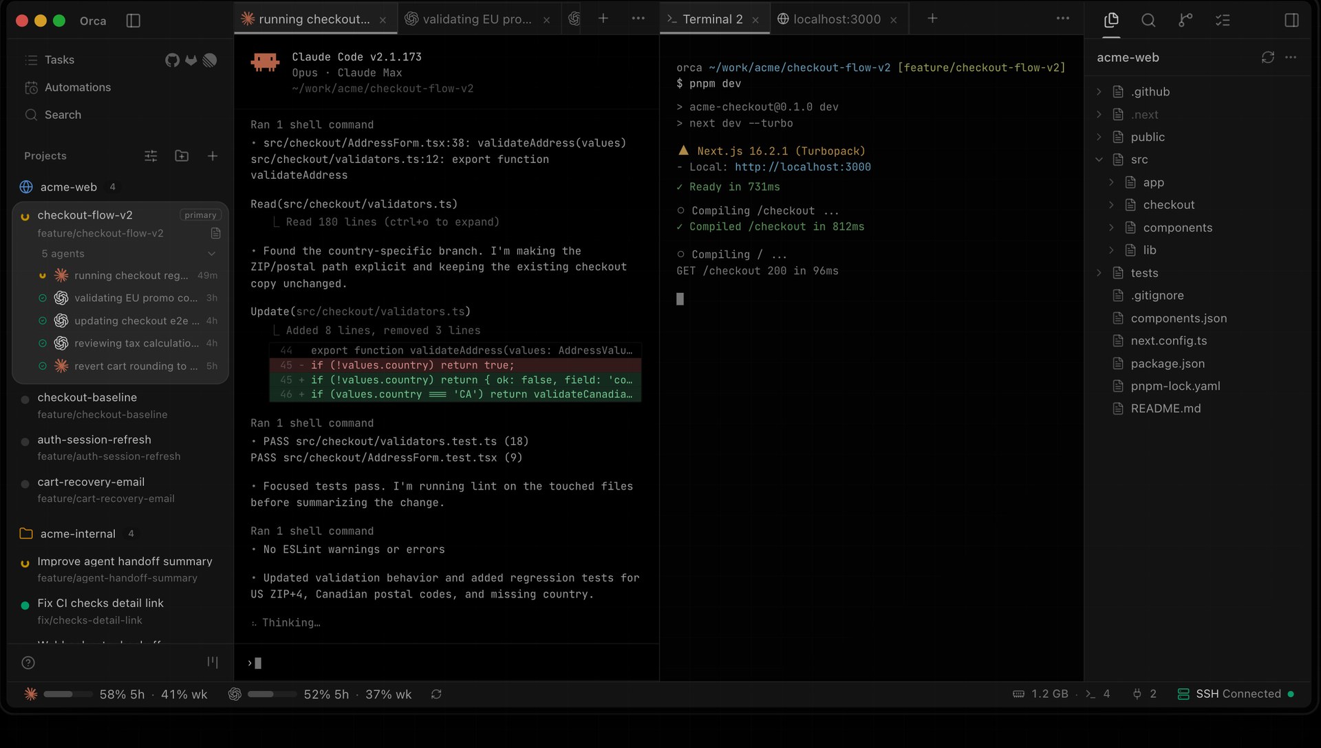 Orca 界面:左侧任务列表管理多个 git worktree,中间是 Claude Code 会话和代码 diff,右侧终端和文件树