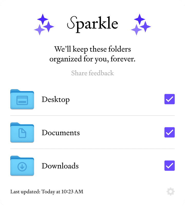 Sparkle 首次设置界面，勾选需要自动整理的桌面、文稿、下载三个文件夹